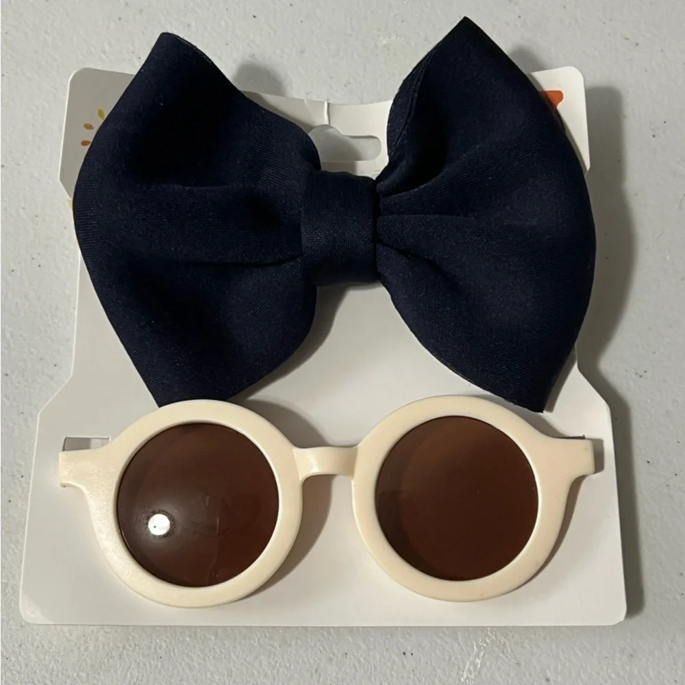 NEW girls cream / off white sunglasses and navy blue hair bow headband set
